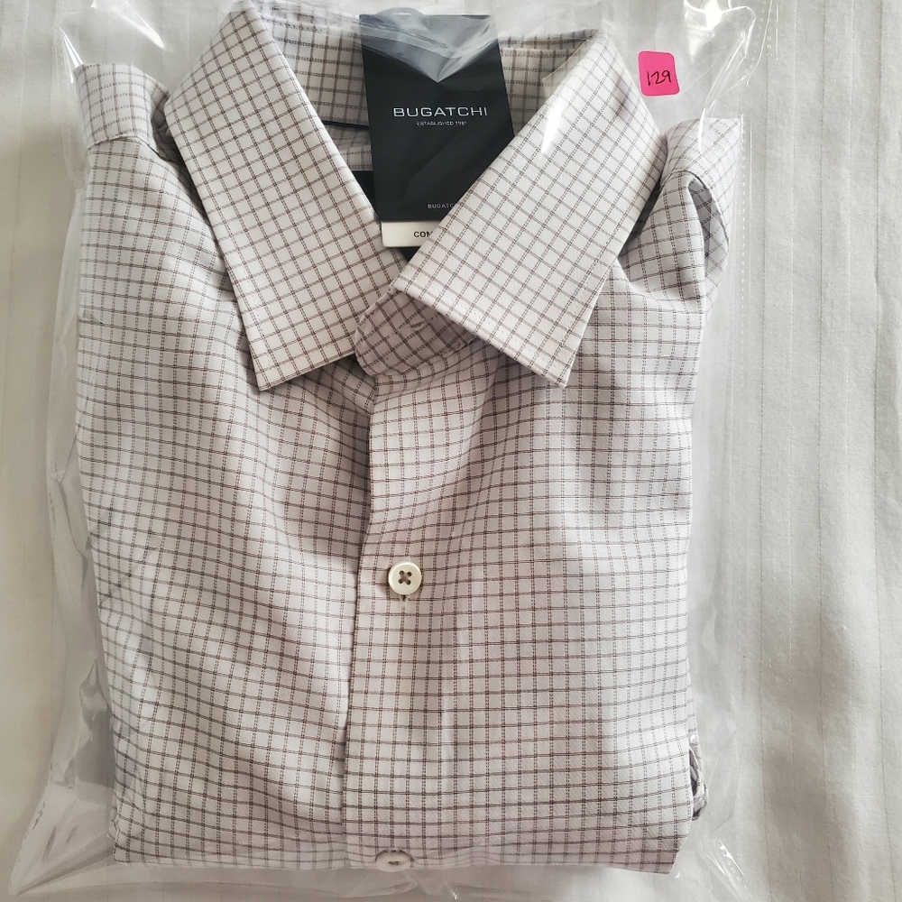 Bugatchi Long Sleeve Men's Classic Checkered Shirt. L White/Brown MSRP $179 New